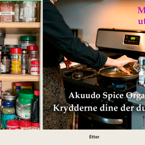 En dame some lager mat, krydder vedsiden av og kjøkken skap