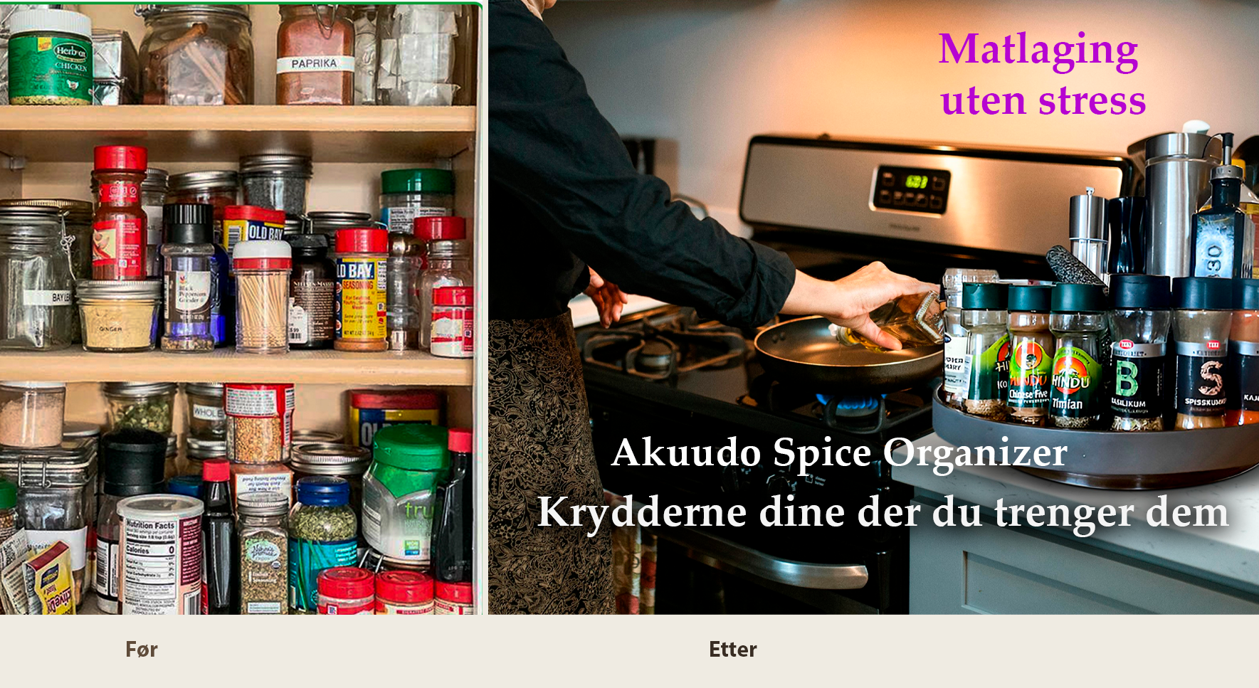 En dame some lager mat, krydder vedsiden av og kjøkken skap